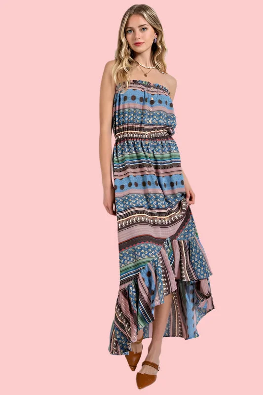 Gabby Mixed Print Button Detailed Tube Midi Dress