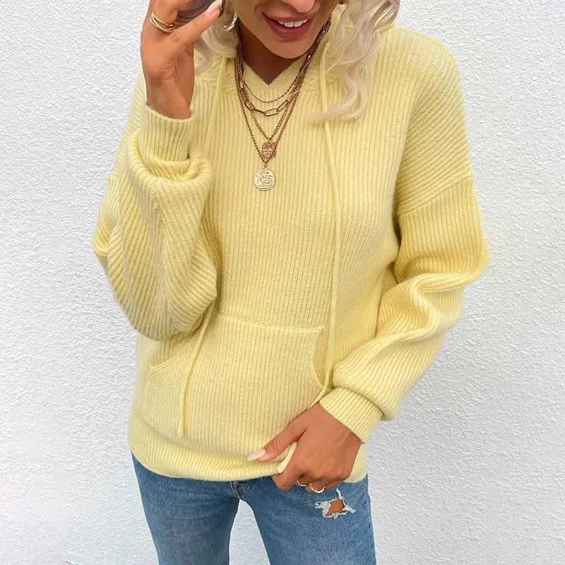 women's sweater solid color hooded pocket knitted coat Autumn Winter Sweater Pullovers Knitted Tops