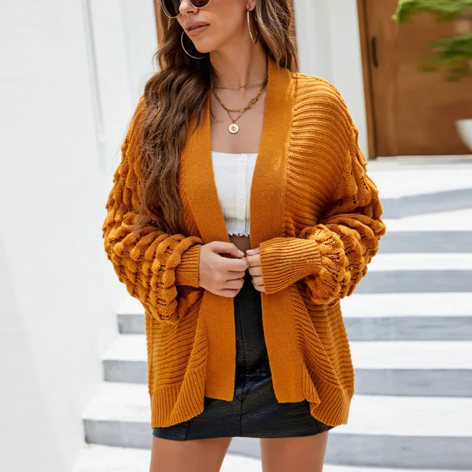 Ribbed Lantern Sleeve Loose Knitting Solid Cardigan