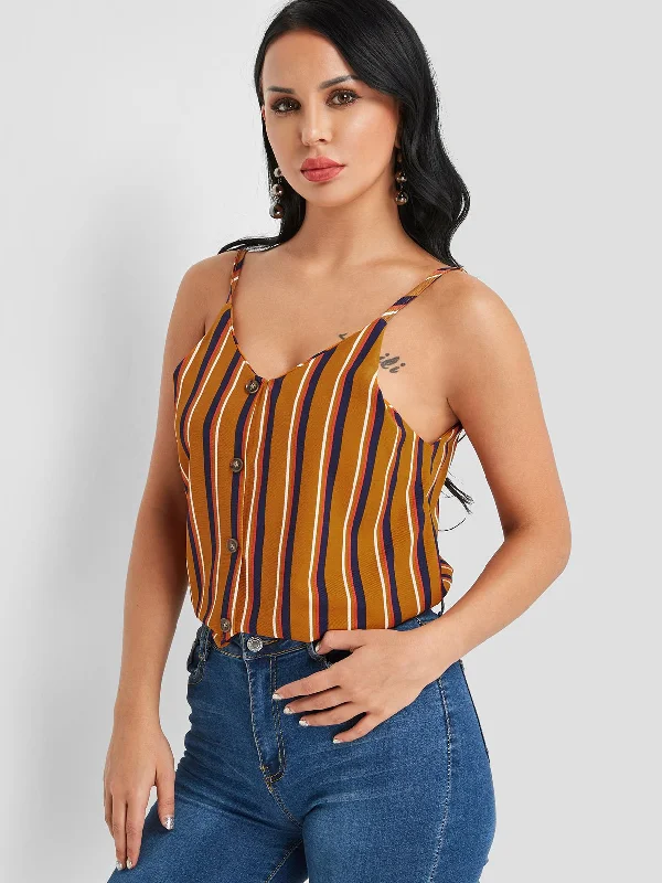 Custom V-Neck Stripe Spaghetti Strap Sleeveless Brown Camis