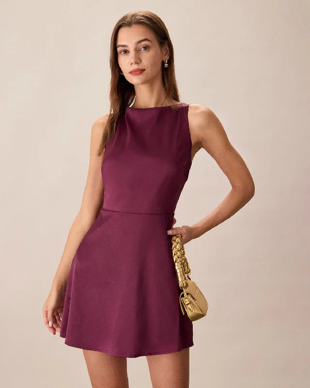 Purple Boat Neck Sleeveless Mini Dress