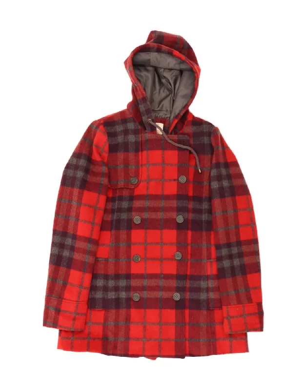 QUIKSILVER Womens Hooded Double Breasted Coat UK 16 Large Red Check Wool