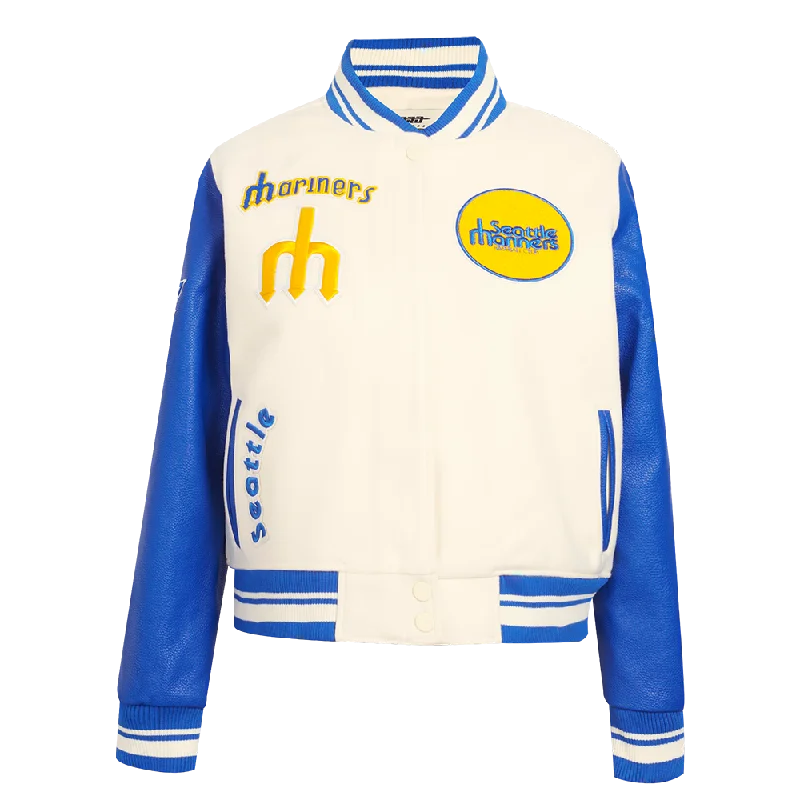 MLB SEATTLE MARINERS RETRO CLASSIC WOMEN'S RIB WOOL VARSITY JACKET (EGGSHELL/ROYAL BLUE)