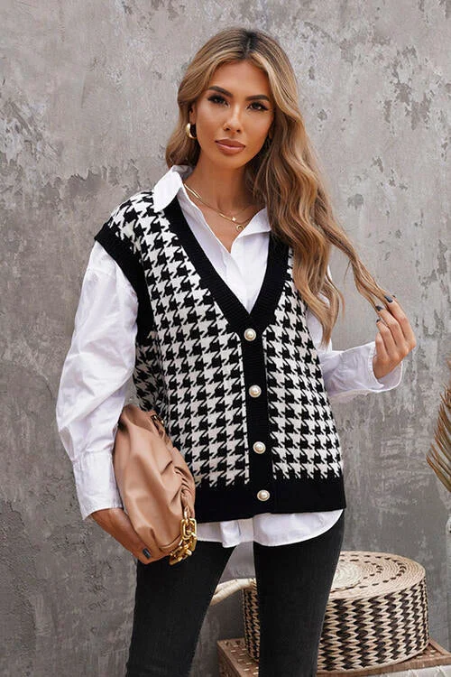 TastyHottie - Houndstooth Button Front Sweater Vest