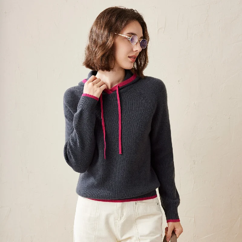 100% Cashmere Sweater Knit Hoodie with Contrast Details