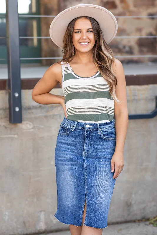 Olive and Orchid Stripe Contrast Trim Tank