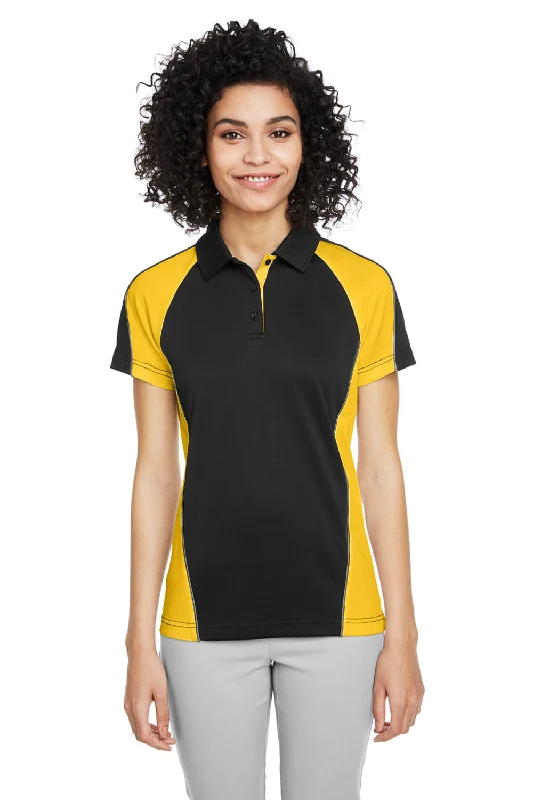 Harriton Womens Advantage Performance Moisture Wicking Colorblock Short Sleeve Polo Shirt - Black/Sunray Yellow