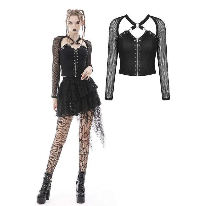 Women's Punk Mesh Splice Metal Zipper Crop Top