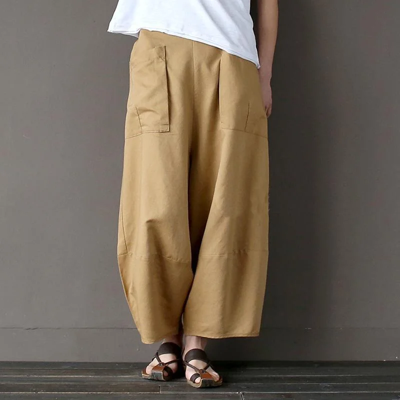 Cotton Linen Elastic Waist Pants With Pockets