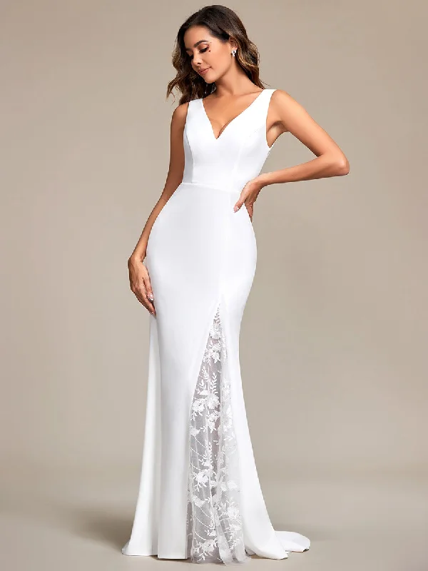 Spaghetti Straps V Neck Appliques Fishtail Wholesale White Wedding Dress