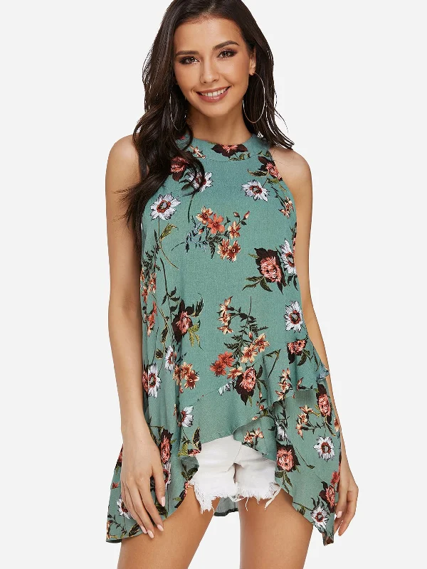 Custom Floral Print Sleeveless Green Camis