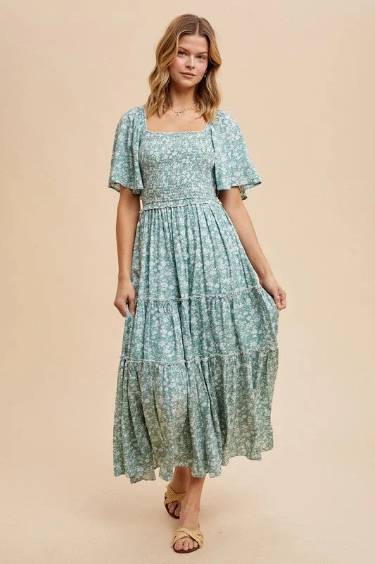 MONICA SMOCKED FLORAL SQUARE NECK MAXI DRESS