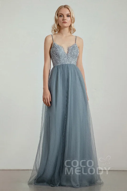 A-Line Floor Length Tulle Lace Bridesmaid Dress CB0437