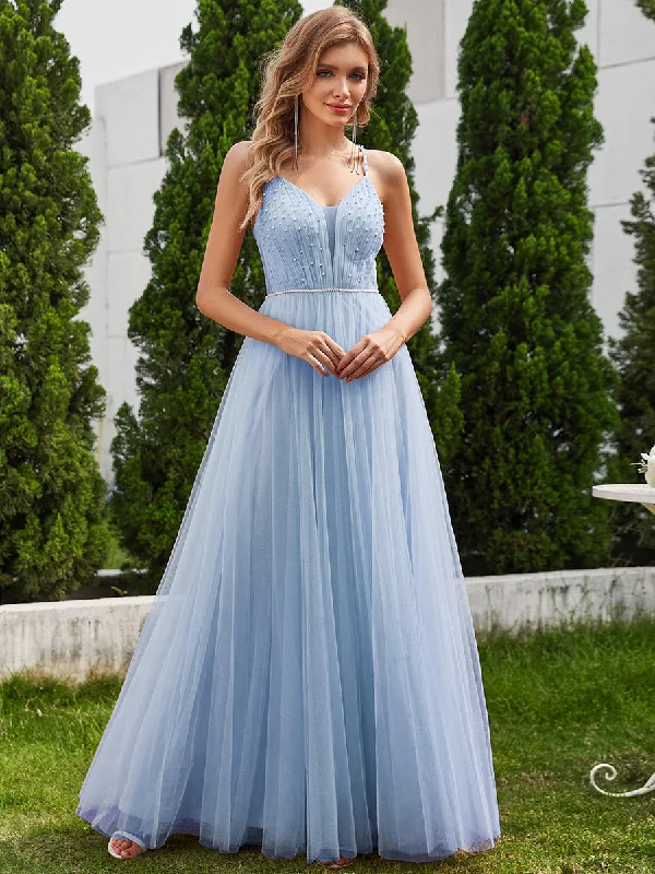 Exquisite Beaded V Neck See-through Regular fold stream Tulle Wedding Dresses