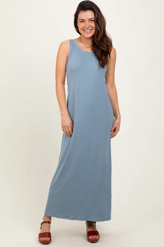 Light Blue Sleeveless Flared Scoop Neck Maxi Dress