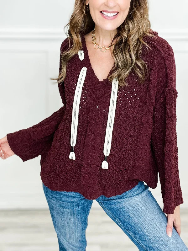 Bitter Sweet Symphony V-Neck Hooded Cable Knit Chenille Sweater