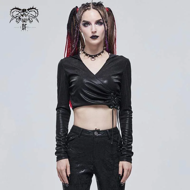 Women's Gothic Plunging Drawstring Crop Top with Hood