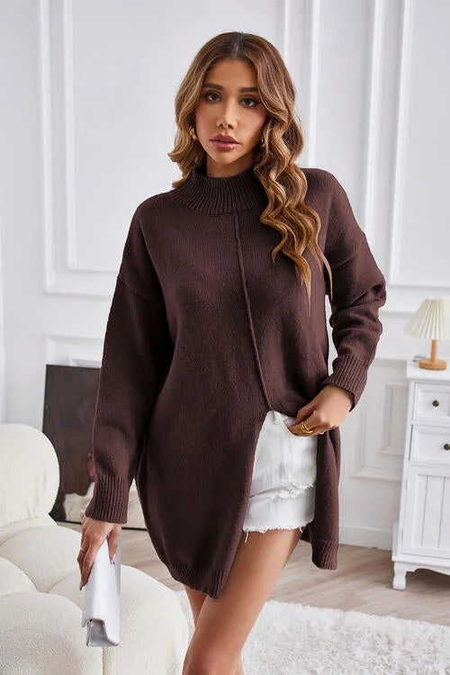 TastyHottie - Exposed Seam Mock Neck Slit Sweater