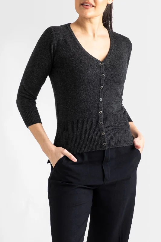 Silk + Cashmere Audrey Cardigan in Dark Charcoal Marle