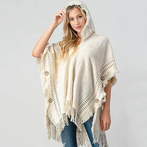 TastyHottie - Fringed Crochet Buttoned Hooded Throw Over Poncho