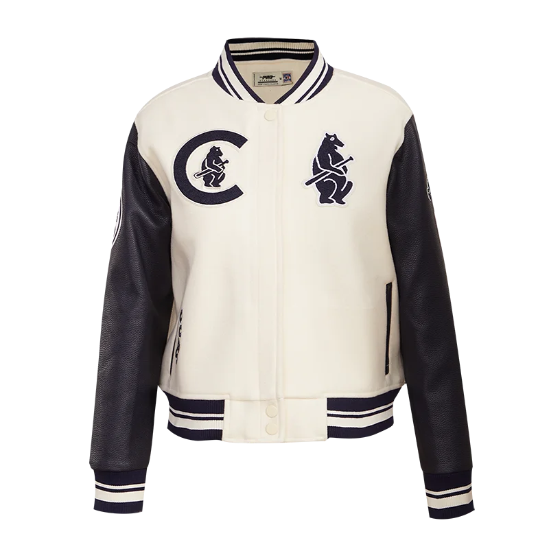 MLB CHICAGO CUBS RETRO CLASSIC WOMEN'S RIB WOOL VARSITY JACKET (EGGSHELL/ MIDNIGHT NAVY)