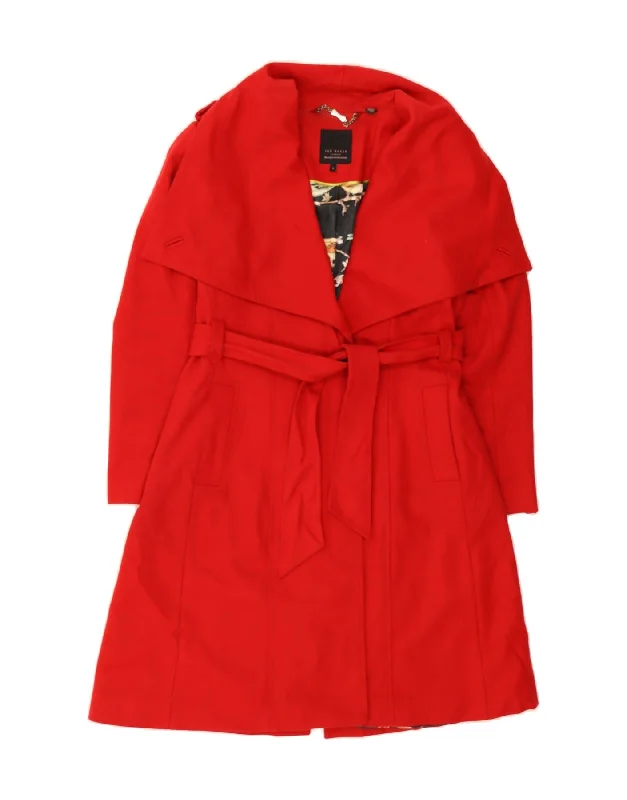 TED BAKER Womens Belted Overcoat Size 3 Medium Red Virgin Wool