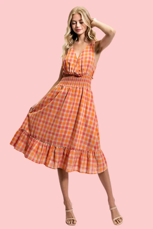 Lily Colorful Plaid Back Neck Tie Midi Dress