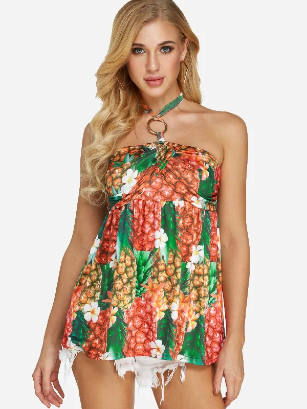 Custom Halter Floral Print Backless Sleeveless Green Camis