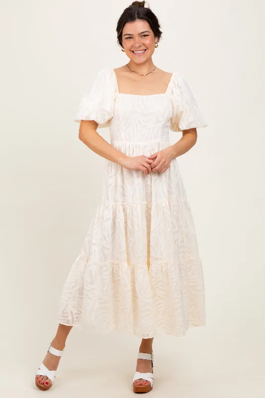 Cream Jacquard Puff Sleeve Tiered Midi Dress